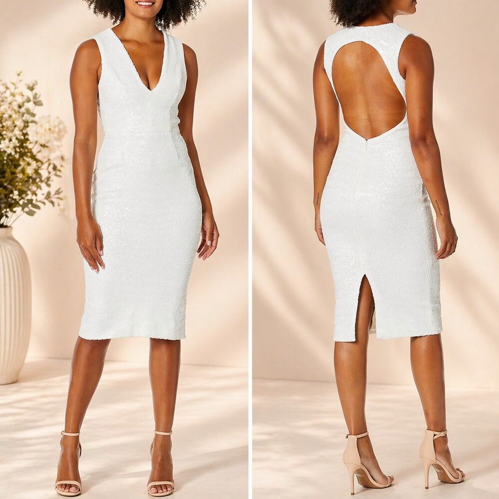 Dress the Population Rani Plunging Sequin Fitted Midi Sheath Dress White size S